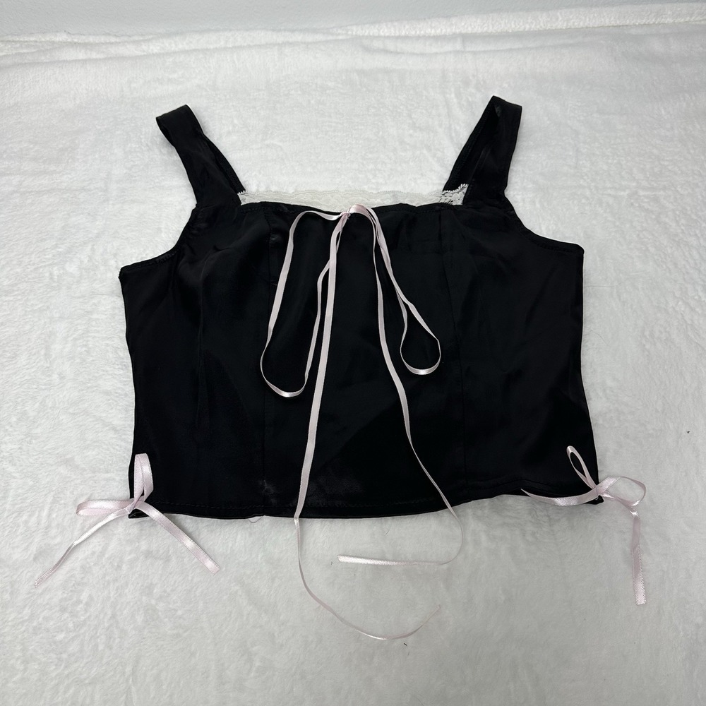 Black Y2K Bow Tank Top Pink Ribbon White Lace Size Small NWT Coquette Fairy